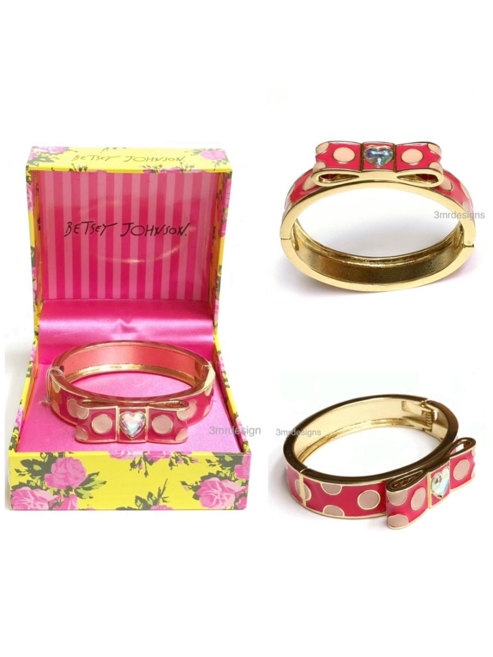 NIB Betsey Johnson💋BOW Pink Polka Dots Gold Tone Iridescent Stone Hinge Bracelet